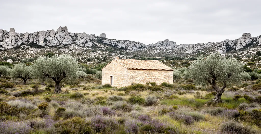 Mas provençal isolé dans le paysage protégé des Alpilles illustrant la rareté foncière