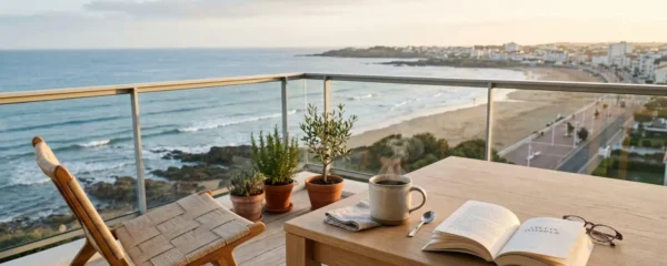 Terrasse d'appartement aux Sables d'Olonne avec vue sur l'océan Atlantique, table en bois clair, café fumant et livre ouvert, lumière matinale apaisante