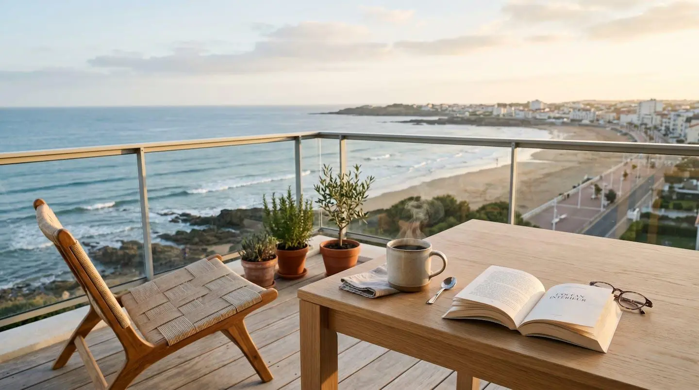 Terrasse d'appartement aux Sables d'Olonne avec vue sur l'océan Atlantique, table en bois clair, café fumant et livre ouvert, lumière matinale apaisante