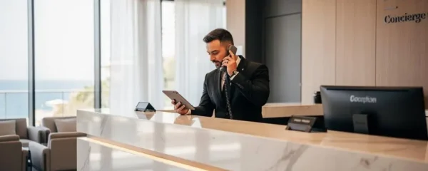 Concierge professionnel coordonnant des services au bureau de réception d'une résidence de luxe monégasque moderne