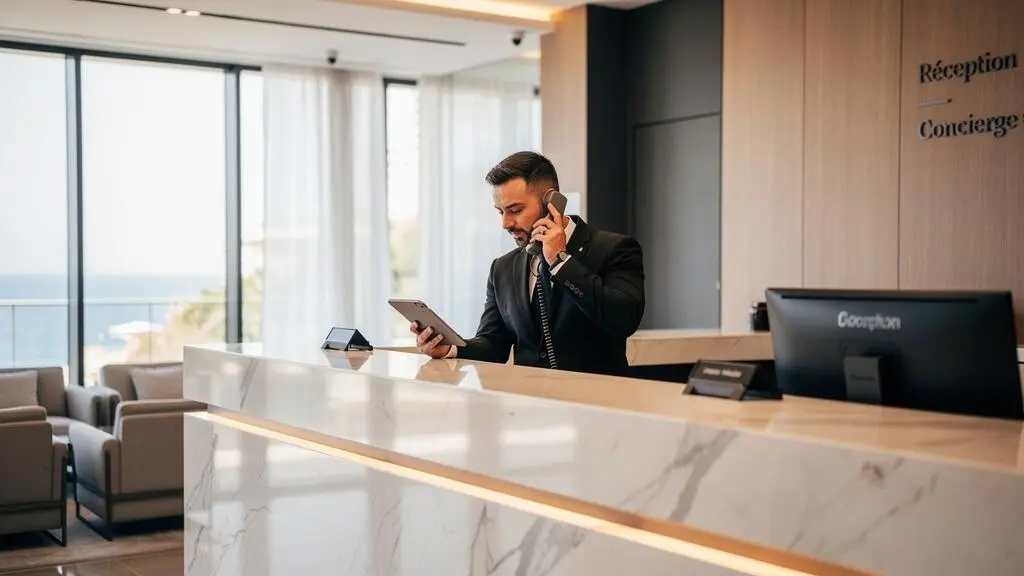 Concierge professionnel coordonnant des services au bureau de réception d'une résidence de luxe monégasque moderne