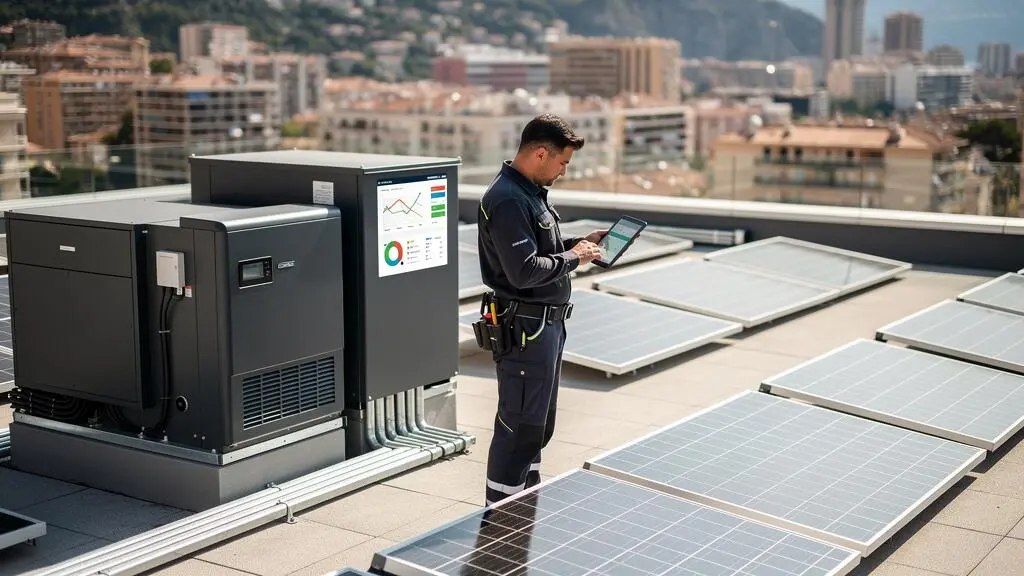 Technicien vérifiant un système de gestion énergétique avec panneaux photovoltaïques sur le toit d'une résidence monégasque