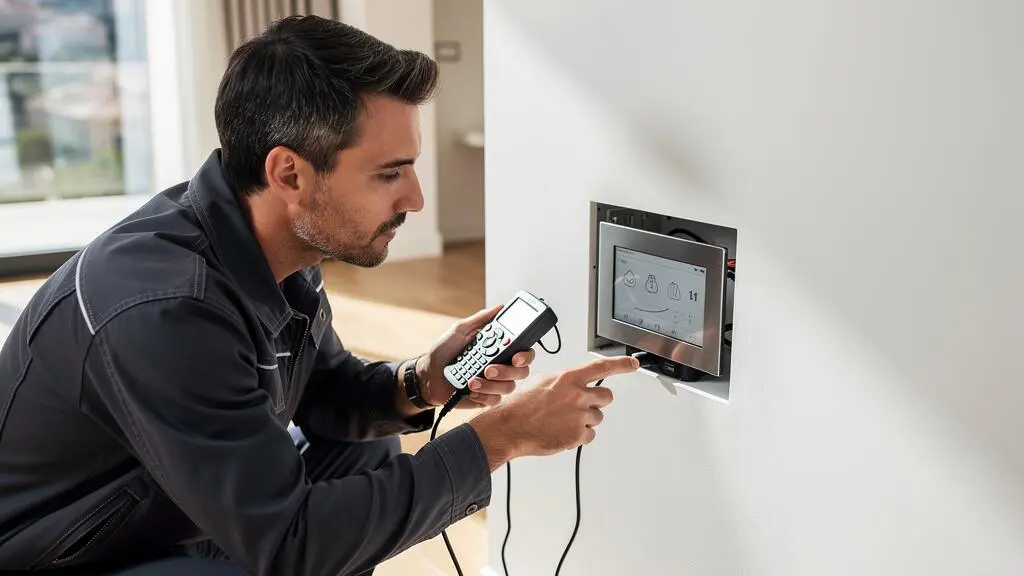 Technicien inspectant un panneau de domotique intégré dans un appartement de luxe à Monaco